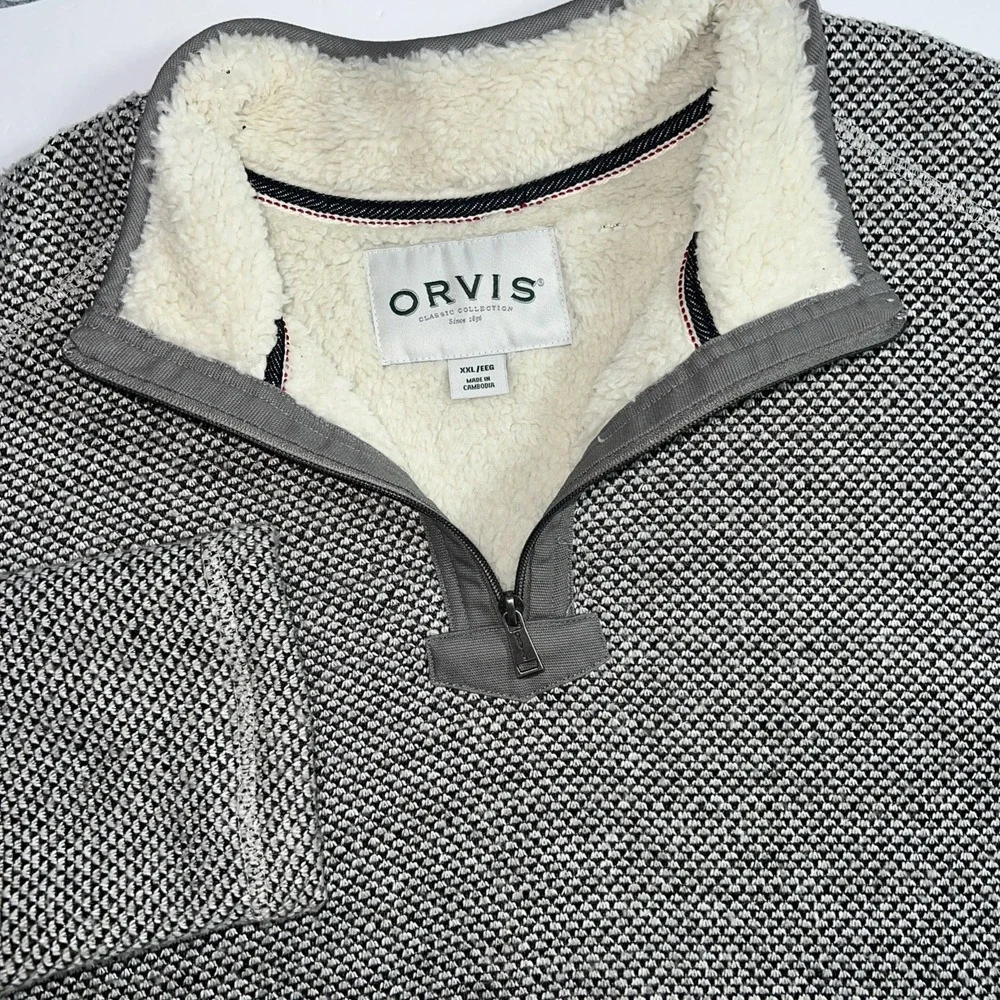Orvis Sweater Mens XXL Gray‎ Sherpa Fleece Lined 1/4 Zip Long Sleeve Pullover